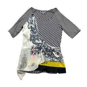 Soft Surroundings Medium Navy Grey Yellow trim‎ Eclectic Top